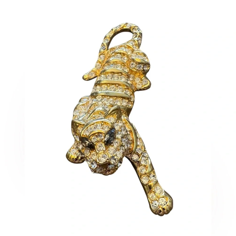 Trifari Vintage Gold and Crystal Tiger Brooch